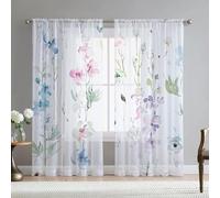 Fereyis Floral Leaves Curtains for Living Room 96 inch Length 2 Panels Set Elegant Blue Pink Spring Flower Printed Window Curtain Natural Sheer Curtains Chiffon Drapes for Bedroom