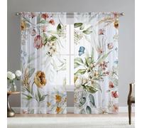 Fereyis Floral Sheer Curtains for Living Room 84 inch Length 2 Panels Set Elegant Yellow Flower Spring Printed Window Curtain Chiffon Drapes for Bedroom