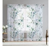 Fereyis Green Eucalyptus Leaves Curtains for Living Room 63 inch Length 2 Panels Set Elegant Floral Plant Spring Printed Window Curtain Natural Sheer Curtains Chiffon Drapes for Bedroom