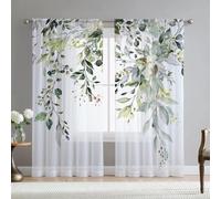 Fereyis Green Eucalyptus Leaves Curtains for Living Room 63 inch Length 2 Panels Set Elegant Wild Flower Floral Spring Printed Window Curtain Natural Sheer Chiffon Drapes for Bedroom