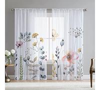 Fereyis Natural Sheer Window Curtains Elegant Pink Flower Floral Spring Butterfly Printing Drapes Grommets Textured Farmhouse Window Curtain for Bedroom Living Room 2 Panels 54WX84H Inch