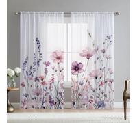Fereyis Purple Flower Sheer Curtains for Living Room 84 inch Length 2 Panels Set Elegant Flowers Spring Printed Window Curtain Chiffon Drapes for Bedroom