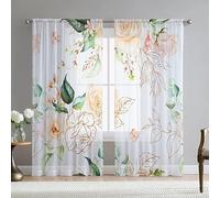 Fereyis Rose Leaves Curtains for Living Room 84 inch Length 2 Panels Set Elegant Floral Flower Spring Printed Window Curtain Natural Sheer Curtains Chiffon Drapes for Bedroom