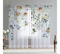 Fereyis Yellow Flower Sheer Curtains for Living Room 84 inch Length 2 Panels Set Elegant Sunflower Spring Printed Window Curtain Chiffon Drapes for Bedroom