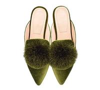 Fericzot Slip On Mule Backless Loafers Flats Puff Pompom Pointed Toe Casual Shoes Slippers, Green, 8 UK