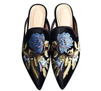 Fericzot Women's Velvet Backless Pointed Toe Slip On Loafers Flats Embroidery Mule Slippers Shoes, Black Flowers, 4.5 UK