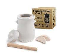 Fermentation Crock 3.8Liter/1 Gallon Stoneware Pot for Fermenting, Pickling Kimchi, Pickles, Vegetables, Kombucha - Glazed Fermenter with Stone Weights, Lid & Pickle Tamper-White Crock
