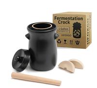 Fermentation Crock 3.8Liter/1 Gallon Stoneware Pot for Fermenting, Pickling Kimchi, Pickles, Vegetables, Kombucha - Glazed Fermenter with Stone Weights, Lid & Pickle Tamper-Black Crock