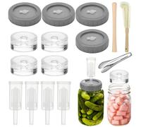Fermentation Kit Accessories for Wide Mouth Jars, 4 Pcs Plastic Lids with Airlocks, 4 Clear Glass Weights, Brush, Wooden Blending Stick, 7 in Stainless Tongs, Home Fermenting Set