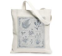 Fern Canvas Tote Bag for Women, Botanical Vintage Flower Thistle Spring Blue Washable Reusable Market Tote Bags Ideas for Outdoor Travel Workday Reading 13x15 Inch