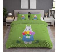 Fern Green Duvet Cover - King 220 x 230 - Soft Lightweight, Machine Washable, Fluffy, Non Iron, Versatile - Cartoon Abstract Hippopotamus Flowers Bedding - Duvet Cover Sets For Bedroom