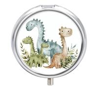 Fern Leaves And Dinosaurs Pill Box 3 Compartment Travel Pill Organizer 3 Times A Day Cute Mini Pill Case for Purse & Pocket Portable Metal Medicine Box with Mirror Round Daily Medicine Vitamin Contain