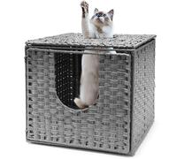 Fernlandia Cat Cabinet, Cat Litter Tray, Hand-Woven Hidden Cat Litter Box Furniture, Cat House with Door and Separate Divider, Cat Cave 50 x 52 x 46 cm, Grey