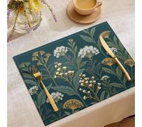 Ferns Wildflowers Placemats for Dining Table, Set of 4 Luxury Vintage Plants Washable Table Mats, Placemat for Indoor Outdoor Home Party Decor 45x30cm, Blue-Green