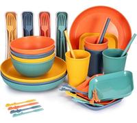 FERNVALE 52-Piece Unbreakable Plastic Dinnerware Set for 4 - Colorful Plates, Bowls, Cups, Forks, Spoons & Chopsticks, Lightweight BPA-Free Tableware for Camping, Picnics, Parties, Travel, RV
