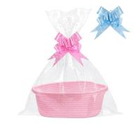 FERNVALE Gift Basket Hamper Kit with Cellophane Bags and Pull Bows, Empty Woven Rope Storage Basket with Handles, Cotton Rope Gift Hamper Basket for Baby Shower Wedding Birthday Housewarming (Pink)