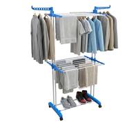 FERNVALE Large 2-Tier Clothes Drying Rack - Heavy Duty Foldable Stainless Steel Standing Dry Rack with Wheels, Adjustable Side Wings, Indoor & Outdoor Laundry Airer (Blue)