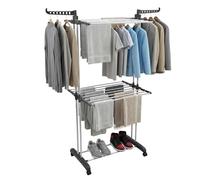 FERNVALE Large 2-Tier Clothes Drying Rack - Heavy Duty Foldable Stainless Steel Standing Dry Rack with Wheels, Adjustable Side Wings, Indoor & Outdoor Laundry Airer (Grey)