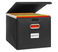 FERNVALE Portable File Boxes with Lid, Leather Fabric Hanging File Storage Box, Foldable Document Storage Box for A4 Files, Office File Sorter & Storage Organizer with Handle (Leather Black)