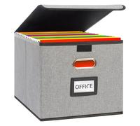 FERNVALE Portable File Boxes with Lid, Leather Fabric Hanging File Storage Box, Foldable Document Storage Box for A4 Files, Office File Sorter & Storage Organizer with Handle (Linen Light Grey)