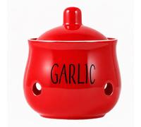 FERNVALE Premium Ceramic Garlic Keeper with Lid Ventilated Hollow Design Storage Container for Countertop Farmhouse Kitchen Decor Organizer Jar Keeps Garlic Ginger Chilies Fresh Red