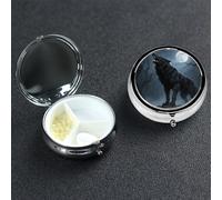 Ferocious Howling Wolf Pill Box 3 Compartment Waterproof Pill Container with Mirror Metal Medicine Box Organizer Portable Vitamin Case for Pocket & Purse Travel - Round