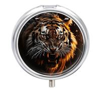 Ferocious Tiger Pill Box 3-Compartment Medicine Pill Case Portable Round Pill Box Pill Container Holder to Hold Vitamins Decorative Metal Medicine Organizer