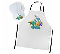 Ferocity Personalised Set Chef Hat and Apron for Children with Your Name Professional Cooks Hats Baker for Home Kitchen School Fully Adjustable Candy Dinosaurs Team [099]