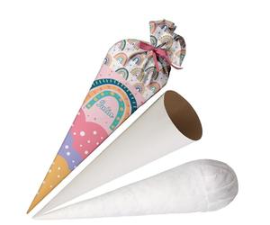 Ferocity Rainbow School Cone School Bag for Girls Made of Fabric, Personalized Bag, 70 cm Sugar Bag with Name, Round Cardboard Blank and Filling, Large Bag as a Pillow [149]