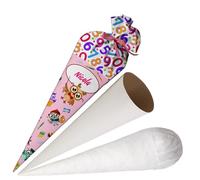 Ferocity School Cone Bag Owl with Name for Girls, Personalized Bag, 70 cm Fabric Sugar Bag with Round Cardboard Blank and Filling, Large Bag as a Pillow [149]