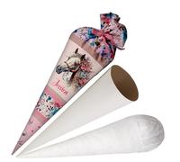 Ferocity School Cone Horse with Flowers Made of Fabric, Personalised Bag, 70 cm Sugar Cone with Name, Round Cardboard Blank and Filling Made of Silicone Balls, Large Bag as Cushion [149]