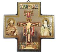 Ferrari & Arrighetti St. Damian Wall Cross, Cross-Shaped MDF-Wood Plaque with Saint Damian Paper Print - 15x15cm / 5.9x5.9in