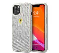Ferrari Phone Case for iPhone 13 in Silver on Track, Real Carbon Fiber Protective & Durable Case with Easy Snap-on, Shock Absorption & Signature Logo