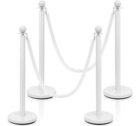 Ferraycle 4 Pcs Stainless Steel Stanchion Post Queue Red Carpet Ropes and Poles 5 ft White Velvet Rope Safety Barriers Sand Injection Hollow Base Crowd Control Stanchion for Party Theaters Wedding