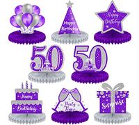 Ferraycle 8 Pcs 50th Birthday Decorations Honeycomb Centerpieces for Women Men Purple Silver Vintage 50th Birthday Party Table Decorations Honeycomb Table Topper for Anniversary Decorations gifts