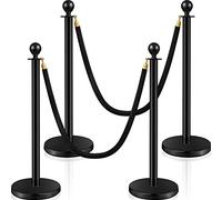 Ferraycle Stainless Steel Crowd Control Stanchions and Velvet Ropes 5 ft Red Carpet Ropes and Poles Black Rope Safety Barriers with Sand Injection Hollow Base for Party Supplies (4 Pcs)