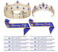 Ferreve 12 Pcs Homecoming Sashes and Crowns Set Homecoming King and Queen Crown Metal Tiara Royal Prom Court Sash for Men Women University Party Accessories(Blue)