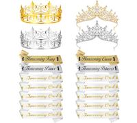 Ferreve 14 Pcs Homecoming Party Prom Sashes Set Include Homecoming King Queen Prince Princess Sashes Homecoming Court Sash with Pins, 4 Metal Crown for Men Women Crown School Party Accessories