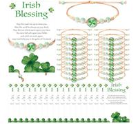 Ferreve 20 Sets St. Patrick's Day Bracelets Set Lucky Clover Pendant Adjustable Bracelet Green Stretch Beaded Bracelet with Good Luck Wish Cards for Women Men Irish Party Favors