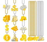 Ferreve 36 Pcs Gold Dollar Sign Beaded Necklaces Bulk 12 Styles Fake Money Chain Necklace Gold Sliver Chain with Dollar Sign for Birthday Casino Money Mardi Gras Hip Hop Party Favors Supplies