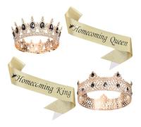 Ferreve 4 Pcs Prom King and Queen Crown Set with Sashes Homecoming King Queen Crystal Glitter Tiara Ribbon for Party(Gold, Black)