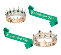 Ferreve 4 Pcs Prom King and Queen Crown Set with Sashes Homecoming King Queen Crystal Glitter Tiara Ribbon for Party(Gold, Green)