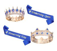 Ferreve 4 Pcs Prom King and Queen Crown Set with Sashes Homecoming King Queen Crystal Glitter Tiara Ribbon for Party (Gold, Blue)