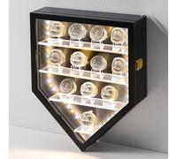 Ferreve Championship Ring Display Case with LED Light Clear Acrylic Sports Baseball Ring Display Case 12 Ring Posts Softball Ring Holder Lockable Wall Mount Wooden Shadow Box for Storage Award Rings