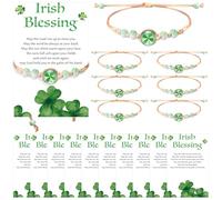 Ferreve St. Patrick's Day Bracelets Set Lucky Clover Pendant Adjustable Bracelet Green Stretch Beaded Bracelet with Good Luck Wish Cards for Women Men Irish Party Favors (), Four leaf clover bracelet