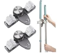 Ferricult 2PCS Suction Cup Broom Holder Wall Mount, No Drill Mop and Broom Organizer with Retractable Towel Rack, Transparent Bathroom Storage, Grey, Suction Cup Hooks