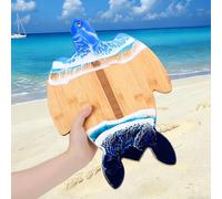 Ferrochef 1 Pcs Bamboo Sea Turtle Shaped Cutting Board with Blue Resin Wave Charcuterie Serving Tray Kitchen Meal Prep Serving Tray Gift for Christmas Wall Display Meat Vegetable, 14.5 x 10 Inch
