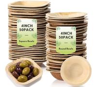 Ferrochef 100 Pcs Mini Palm Leaf Dip Bowls Disposable Palm Leaf Round and Square Mini Dip Bowls Compostable Small Bamboo Like Plates for Dips Soy Sauce BBQ Oil Dipping Finger Foods (4 Inch)
