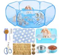 Ferrochef 12 Pcs Rabbit Starter Kit, Animals Playpen with Pad Rabbit Litter Box Bowl Blankets Bunny Toys with Animal Grooming Kit for Guinea Pig Bunny Accessories(Blue)