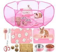 Ferrochef 12 Pcs Rabbit Starter Kit, Animals Playpen with Pad Rabbit Litter Box Bowl Blankets Bunny Toys with Animal Grooming Kit for Guinea Pig Bunny Accessories (Pink)